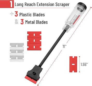 Bates- Long Reach Extension Scraper, 11-Inch Razor Scraper Tool | With Extra 3 Double Edged Plastic & 3 Metal Blades Long Handle Window Scraper for Paint Removal Glass Cleaning & Surface Work