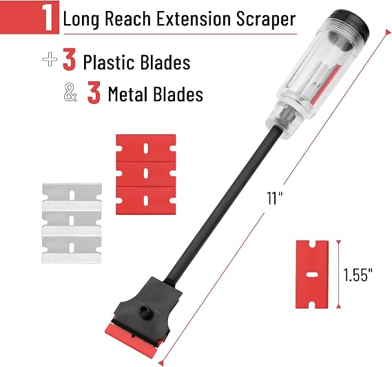 Bates- Long Reach Extension Scraper, 11-Inch Razor Scraper Tool | With Extra 3 Double Edged Plastic & 3 Metal Blades Long Handle Window Scraper for Paint Removal Glass Cleaning & Surface Work
