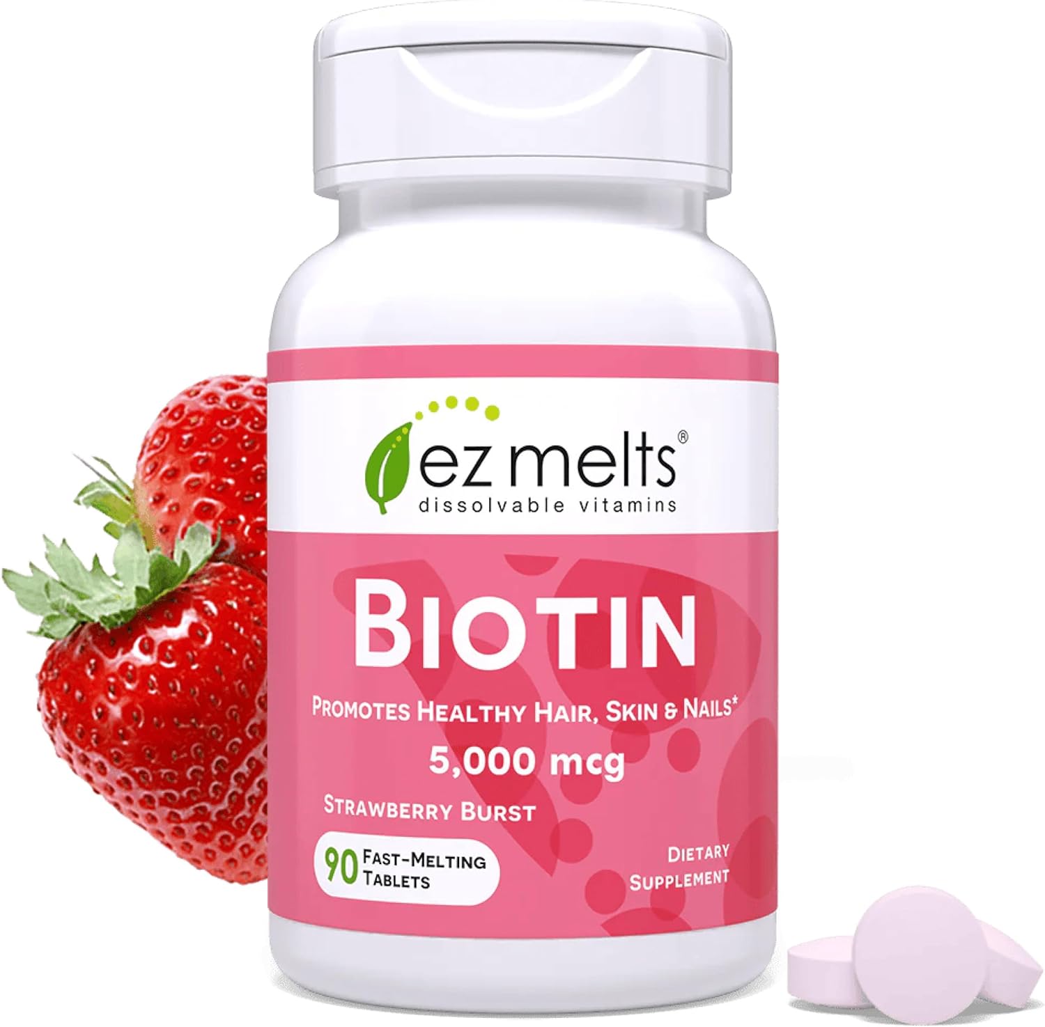EZ Melts Biotin - Daily Vitamin B7 for Healthy Hair, Skin & Nails - Energy Metabolism Support - No Artificial Flavors - Non-GMO & Vegan - Strawberry Burst - 180 Dissolvable Tablets (180 Servings)