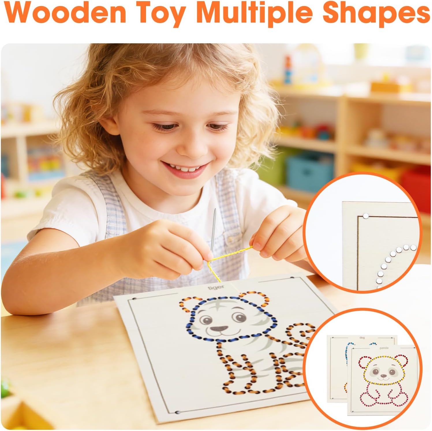 Ukontagood 16 Pack Montessori Wooden Lacing Toys, Sewing Kit Fine Motor Skill Busy Board, Sewing Lacing Weaving Wooden Boards for Toddlers and Kids