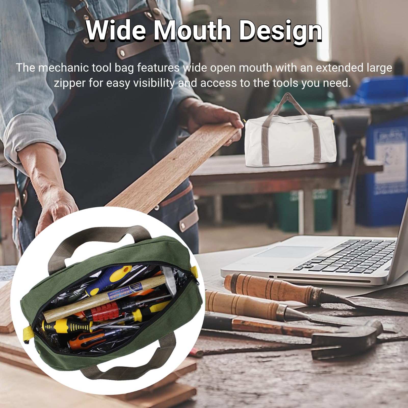 Wide Mouth Tool Bag, 20 Inch Large Tool Bag Heavy Duty Tool