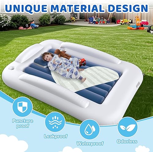 Miniatura 4 de Cama inflable de viaje para niños pequeños, cama portátil de 60 pulgadas para viajes con lados de seguridad, acogedor juego de colchón de aire para
