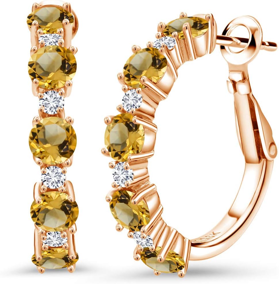 Gem Stone King 18K Rose Gold Plated Silver Gemstone Birthstone and Lab Grown Diamond Hoop Earrings for Women | Round Cut 4MM and 1.9MM Stones | 1 Inch Diameter Hoops | Fine Jewelry for Her Mom Wife