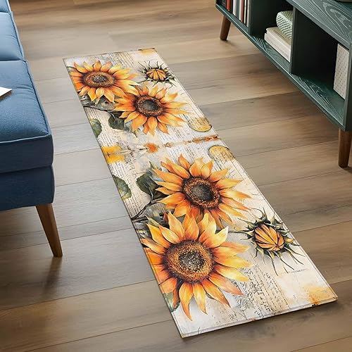 Miniatura 4 de 2x6 Kitchen Runner Rug, Sunflower Flowers Retro Non-Skid Rubber Backing Large Rectangle Rugs - Living Room Bedroom Home Office, Watercolor Botanical