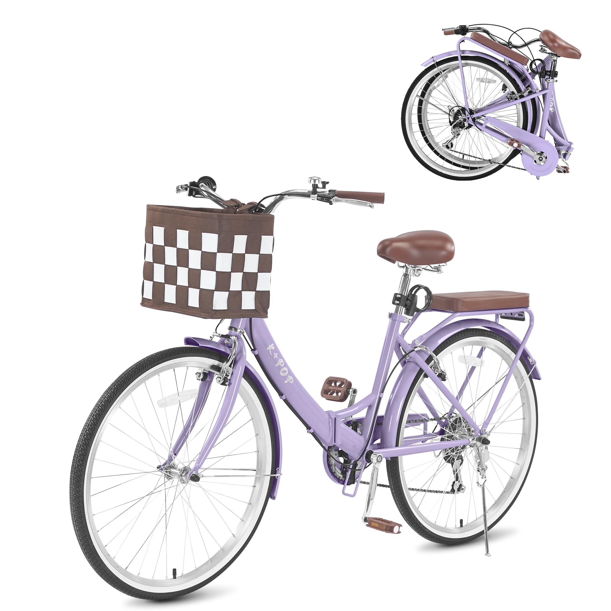 26 Inch Foldable Beach Cruiser Bike Womens Bicycle with Basket, 7 Speed Bikes for Women, Womens Bike Commuter Bicycle for Adult, Dual V-Brake Complete Cruiser Bikes, 330lbs Capacity (Purple)