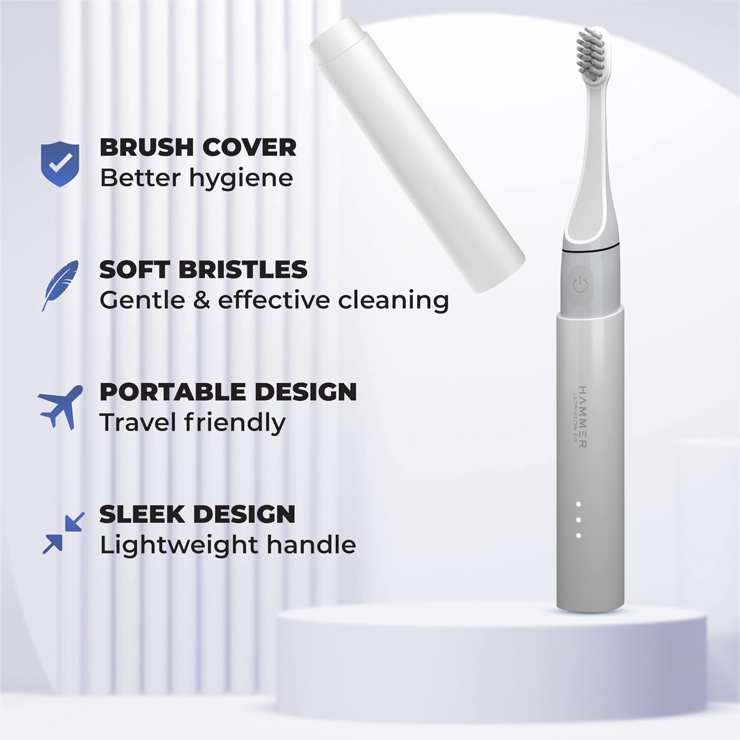 Hammer Ultra Flow 2.0 Electric Toothbrush and 2 Replaceable Brush Heads for Men and Women, 3 Brushing Modes, Rechargeable Battery, Waterproof, Super-Soft Bristles, Electric Toothbrush (White)