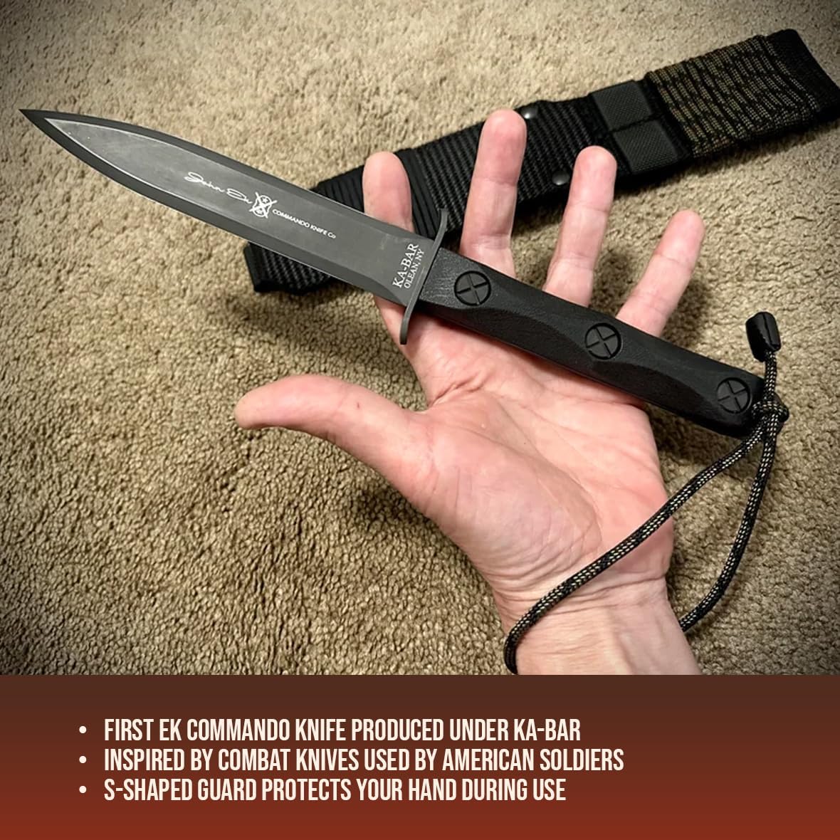 KA-BAR John Ek Commando Knife Co. - EK44 a 6.625 inch 1095 Cro-Van Steel Blade sets in a Glass Filled Nylon Handle 12.625 inch Overall. 56-58 HRC Made in USA