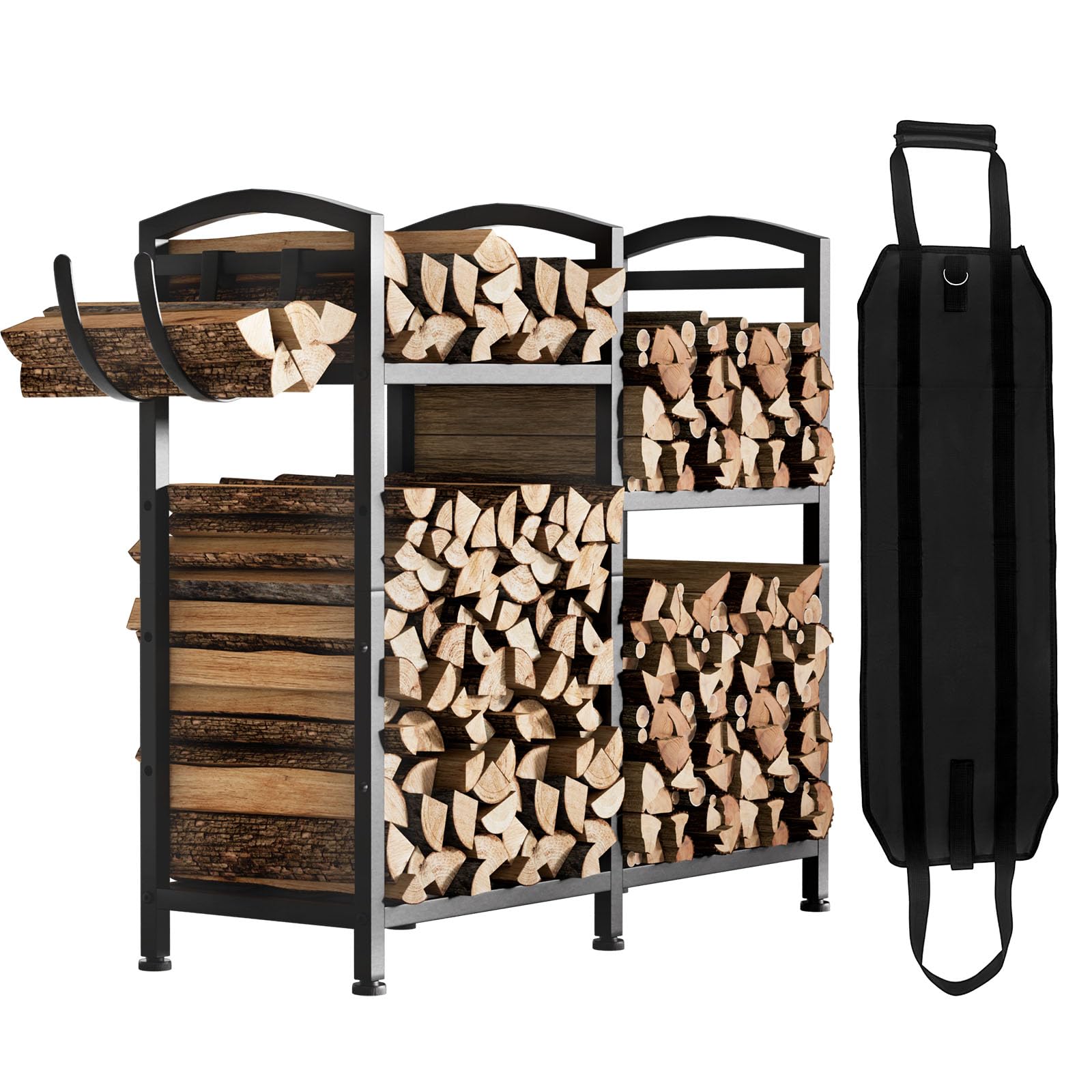 Yorbay Estantería para leña de metal con diseño en capas interior: estantería para leña con ganchos y bolsa para leña – Negro estable almacenamiento de leña exterior – Estantería de metal para