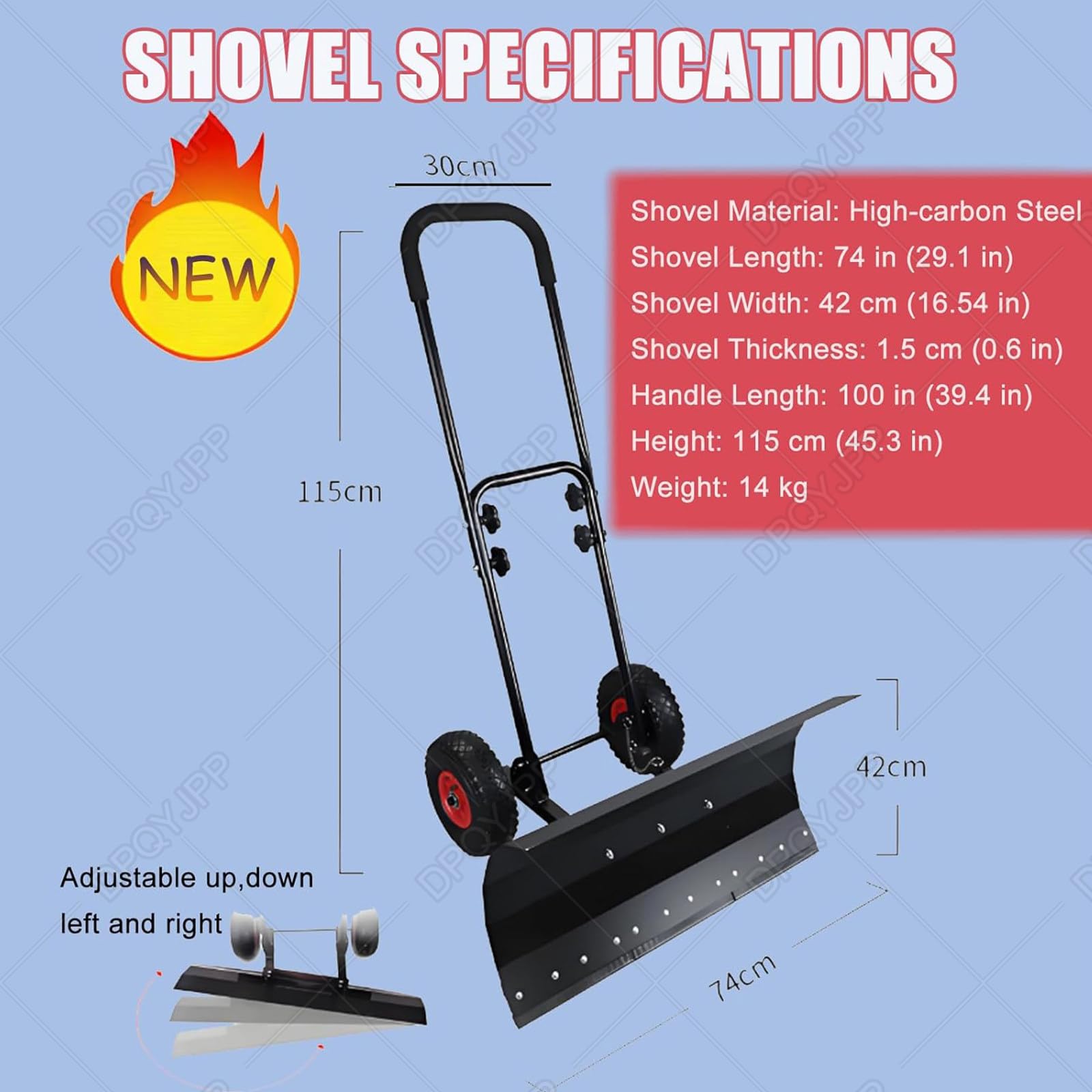 Pala de nieve para entrada, pala de empuje de 42 cm con ruedas antideslizantes, empujador de nieve ajustable de 360° para pasarela y herramienta de eliminación de hielo