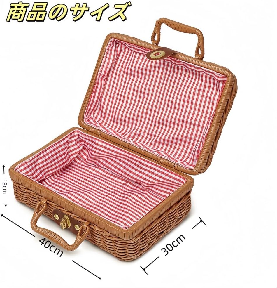 ピクニック 収納バスケット かご 籠 蓋付き ランチバスケット トランクバス ふたハンドル まね藤 編み箱 籐風 布張り チェック柄