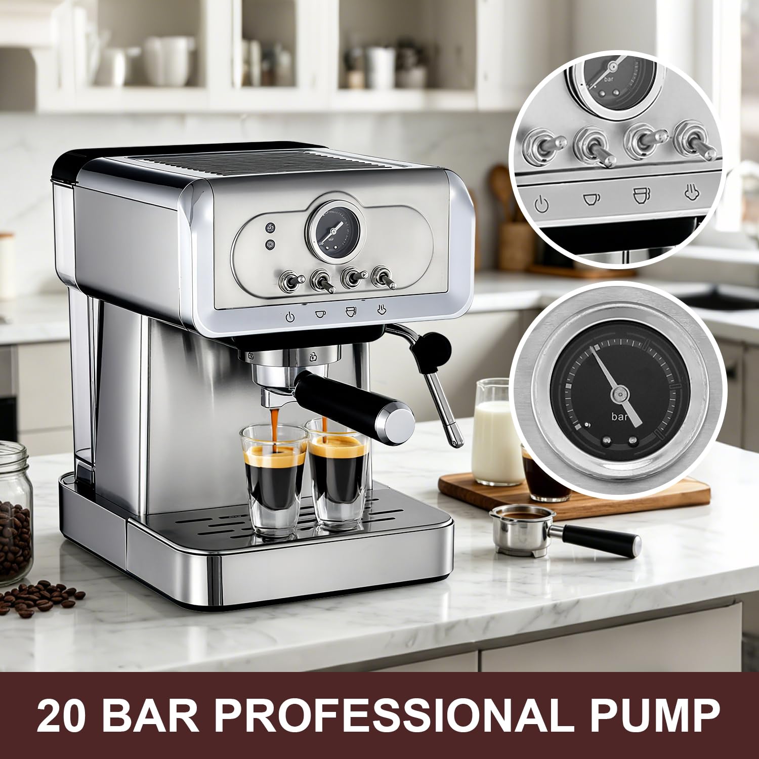 Milaroma Espresso machine 20 Bar, Espresso Maker with Powerful Steam Milk Frother, Stainless Steel Coffee Machine with Fast Heating System for Latte, Cappuccino view 2