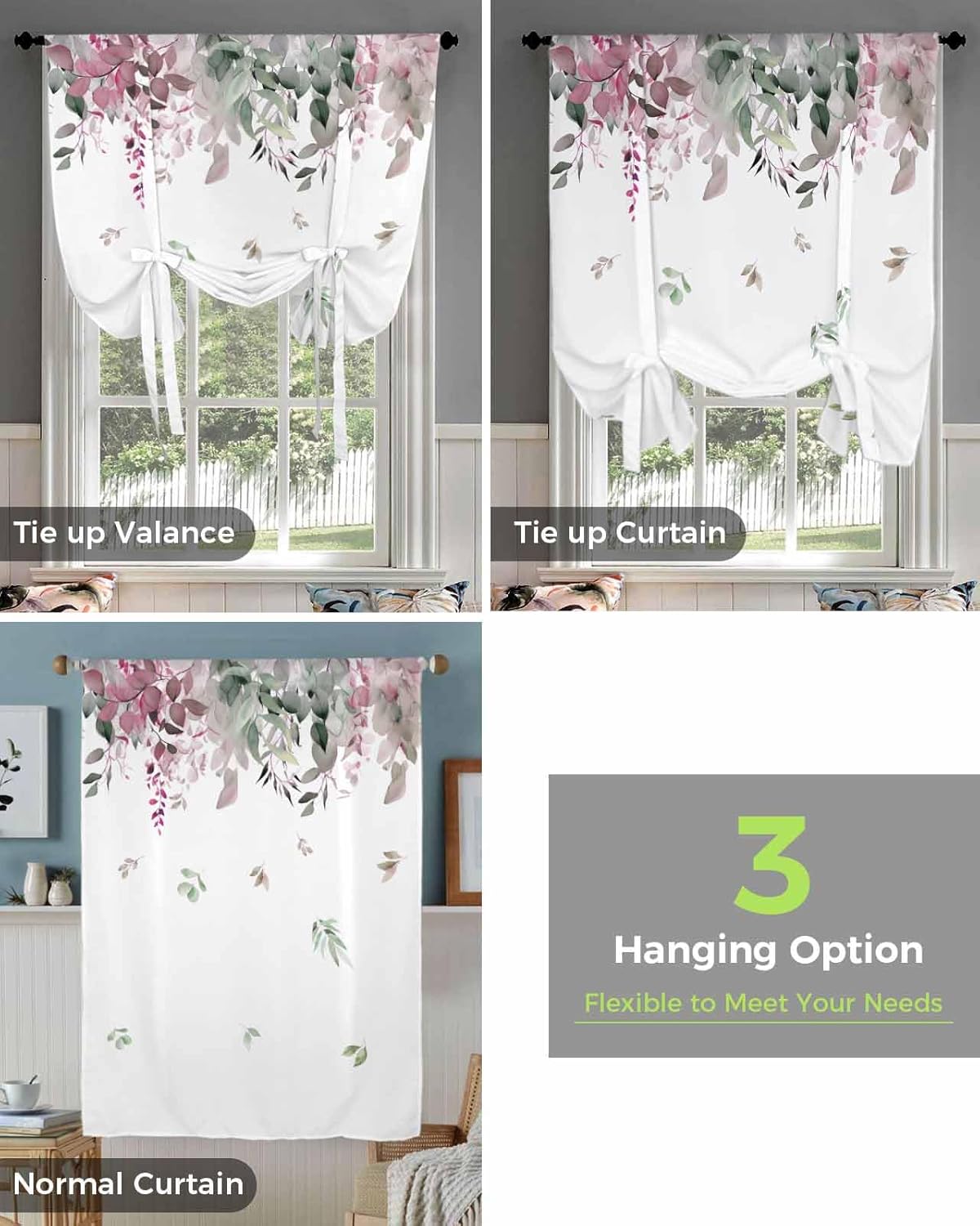 Yukro Tie Up Curtains Window Shades, Hand Drawn Spring Red Eucalyptus Leaves Rod Pocket Tie Up Window Shade, Adjustable Balloon Curtain Shade for Blinds Kitchen Bathroom, 1 Panel, 52"x63"