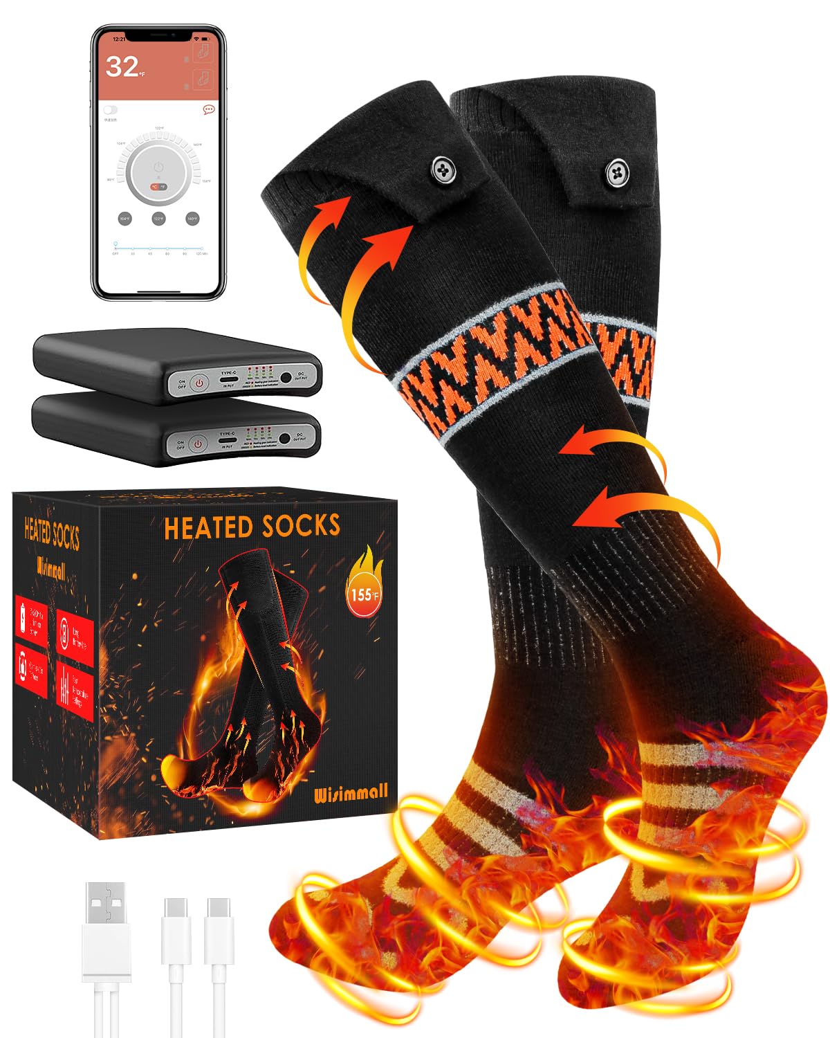 Rechargeable Heated Socks - 4000mAh Battery, 4 Heat Settings, Up To 9 Hours, Machine Washable, For Men & Women