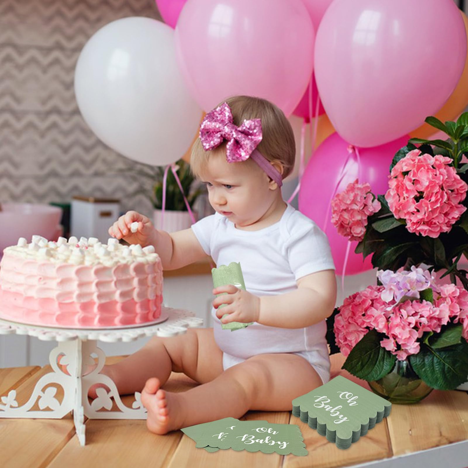 20 Serviettes Jetables Vert Sauge à Carreaux – Bord Festonné, Papier Qualité, Pour Mariage, Cocktail, Fête Prénatale - 10