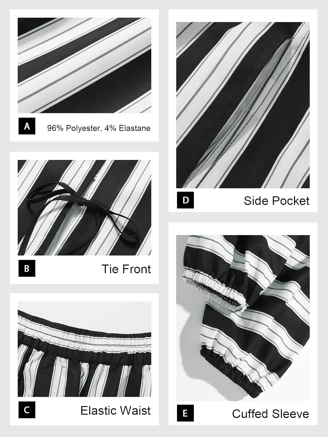 Tankaneo Womens 2 Piece Outfits Tie Front Peplum Tops Shorts Sets Striped Puff Long Sleeve Blouse Y2K Lounge Sets - Image 2