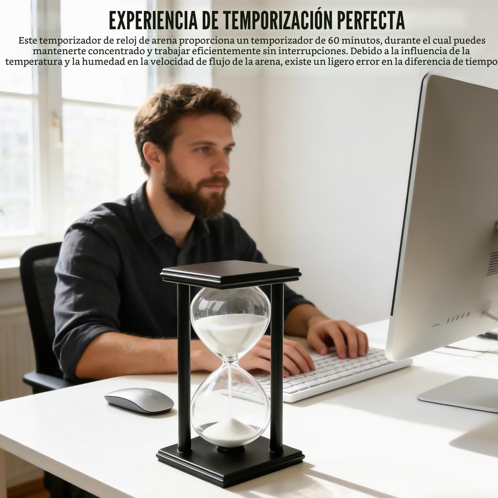 Reloj de arena de 60 minutos: marco de madera en blanco y negro con temporizador de reloj de arena, temporizador Hourglass de cristal de arena de 1 hora para oficina, salón, aprendizaje, cocina