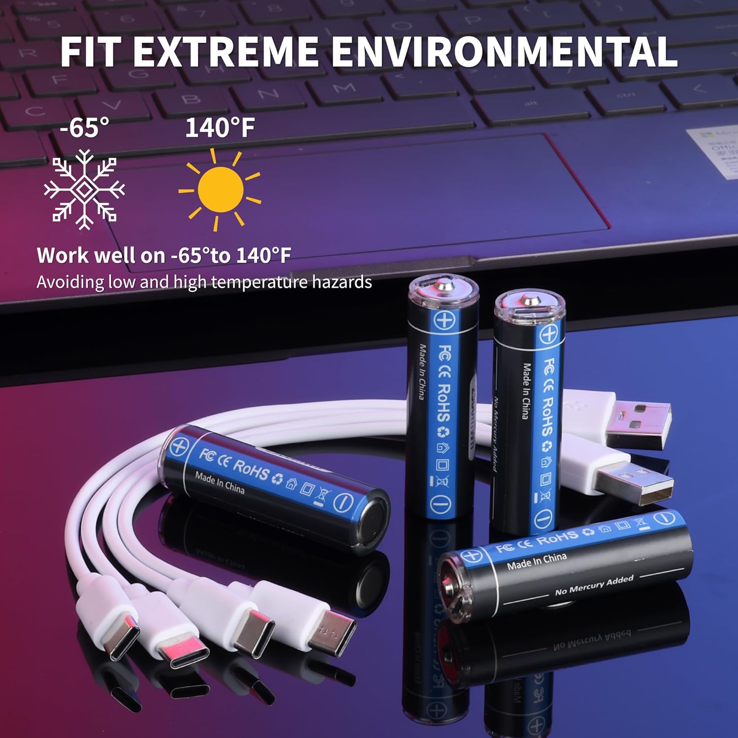 Two Battlog USB-C rechargeable AA batteries shown in a setting with snow and desert landscapes, indicating their ability to work in temperatures from -65°F to 140°F.