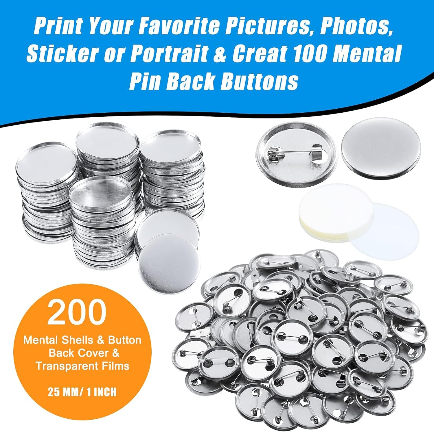 200 accesorios para hacer botones en blanco para máquina de hacer botones, 58 mm, pin redondo para insignia, parte trasera de plástico, lámina transparente y papel en blanco, 58 mm