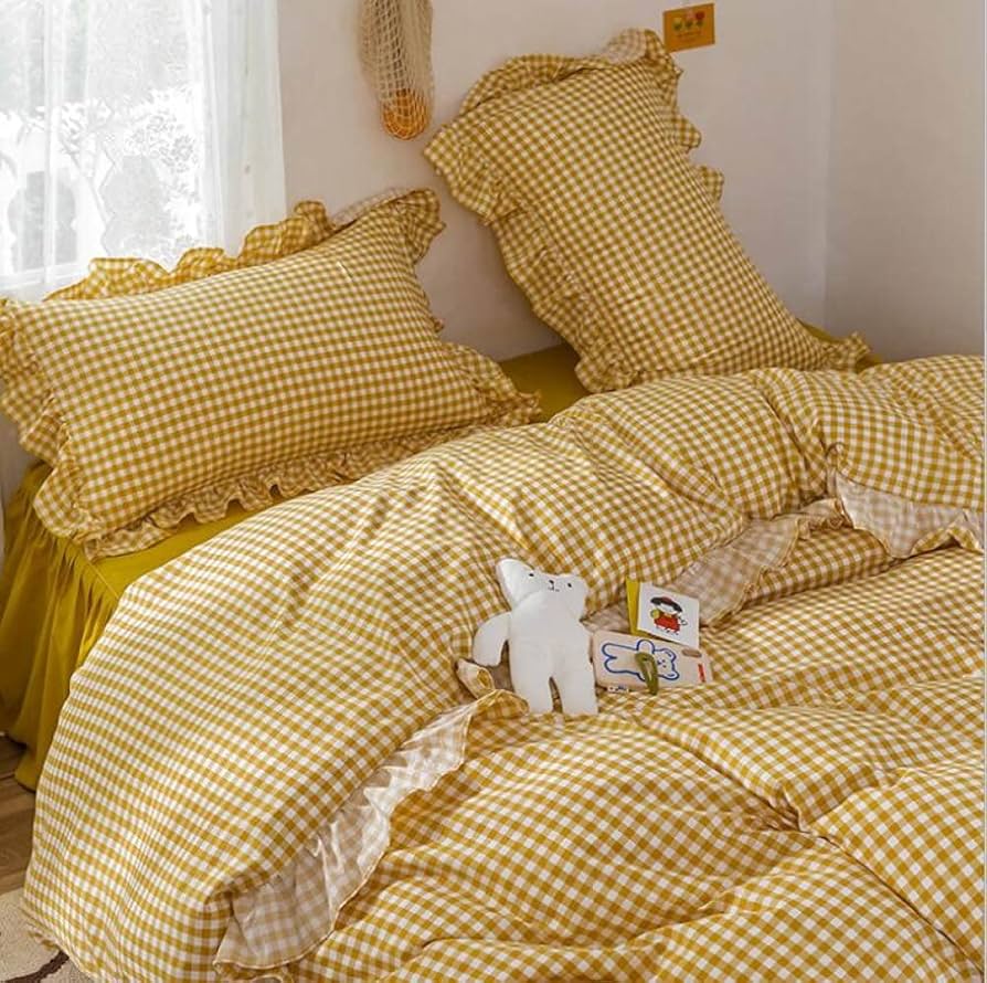 Amazon｜レトロチェック柄羽毛布団カバーかわいいレーストリムキルト