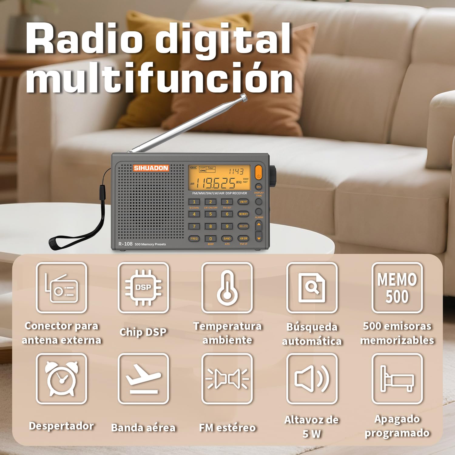 R108 Radio Portatil Pequeña FM Am SW KW MW Banda De Aviación Radio Multibanda con Altavoz Excelente VisualizacióN del Tiempo De RecepcióN RetroiluminacióN De La Radio Digital Gris
