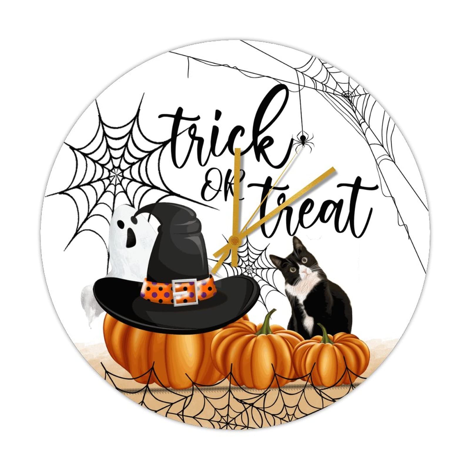 Horloge Halloween en bois chat et citrouille ronde 38cm silencieuse