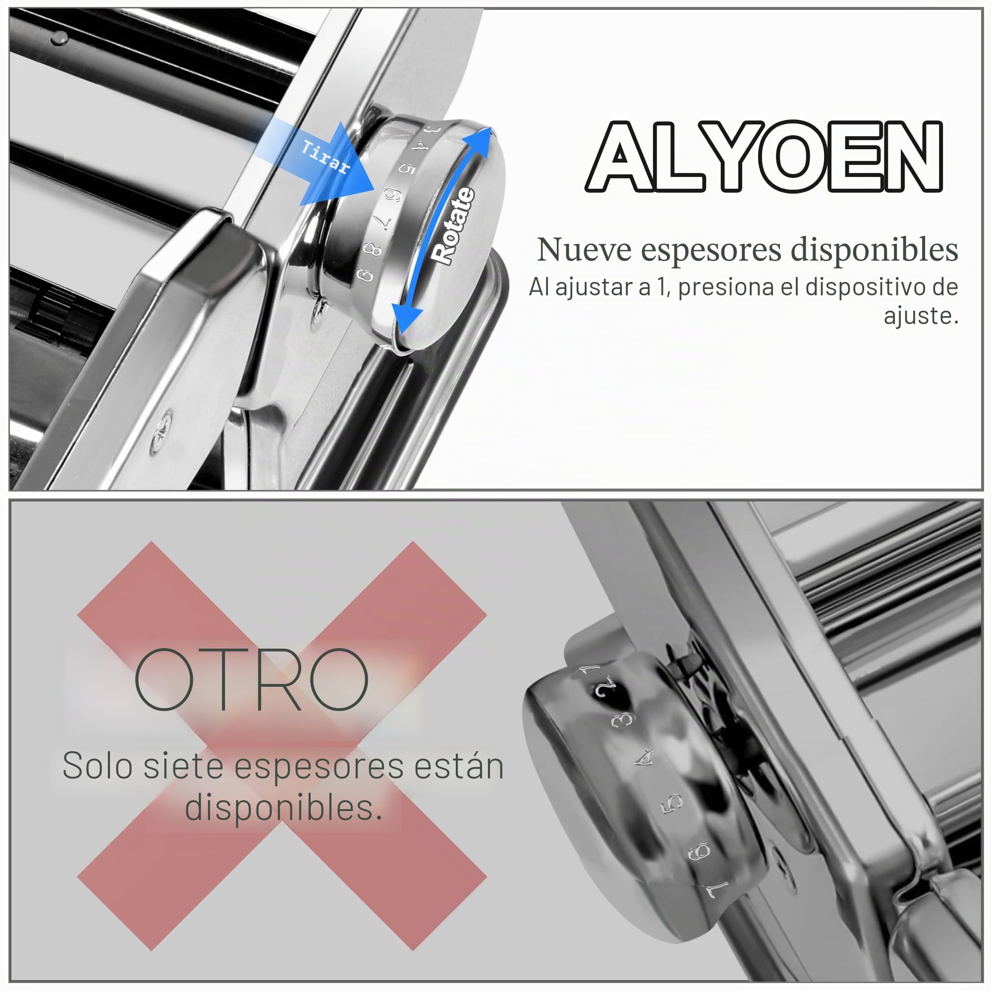 Alyoen Máquina para pasta de aleación de aluminio con 9 espesores ajustables y 2 cortadores, máquina de pasta manual, espaguetis, fettuccine, lasaña