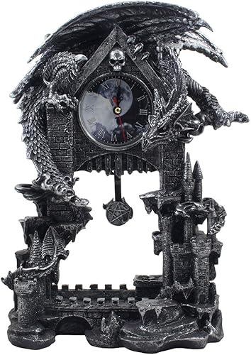 Reloj de escritorio con diseño de dragón guardián mítico en castillo con péndulo de pentagrama en aspecto metálico para estante, repisa, escritorio