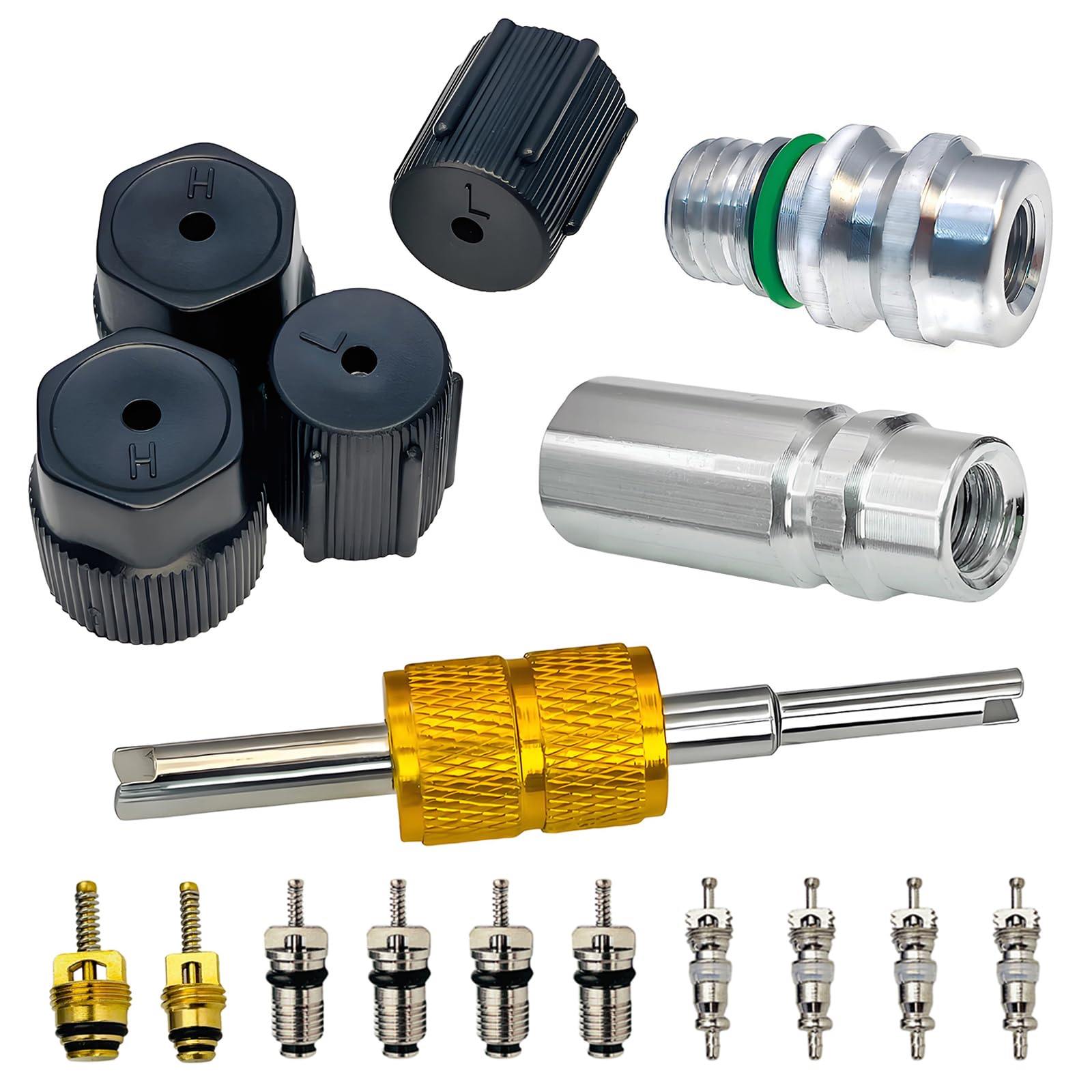 Air Conditioning Valve Core Kit | Cap & Valve AC R12 R134a Teflon Seal Refrigeration A/C Air Conditioning Service Valve Car & HVAC AC Charging Port Seal Caps Kit (A/C Service Port Cap & Valve Kits)