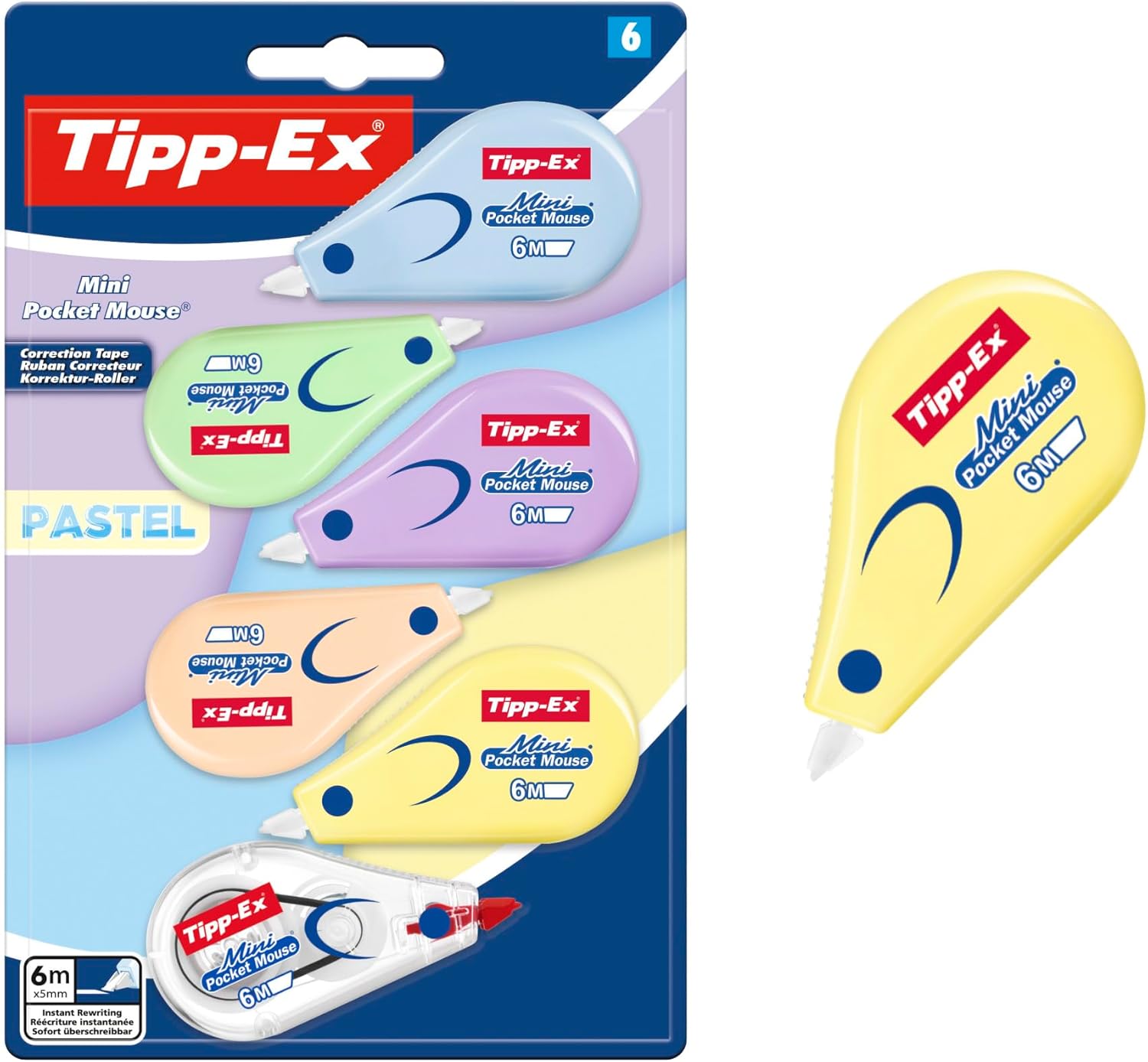 TIPP-Ex Mini Pocket Mouse Correction Tapes Pastel (6 m x 5 mm) - 5 Pastel and 1 Clear Dispenser Colours, Pack of 6