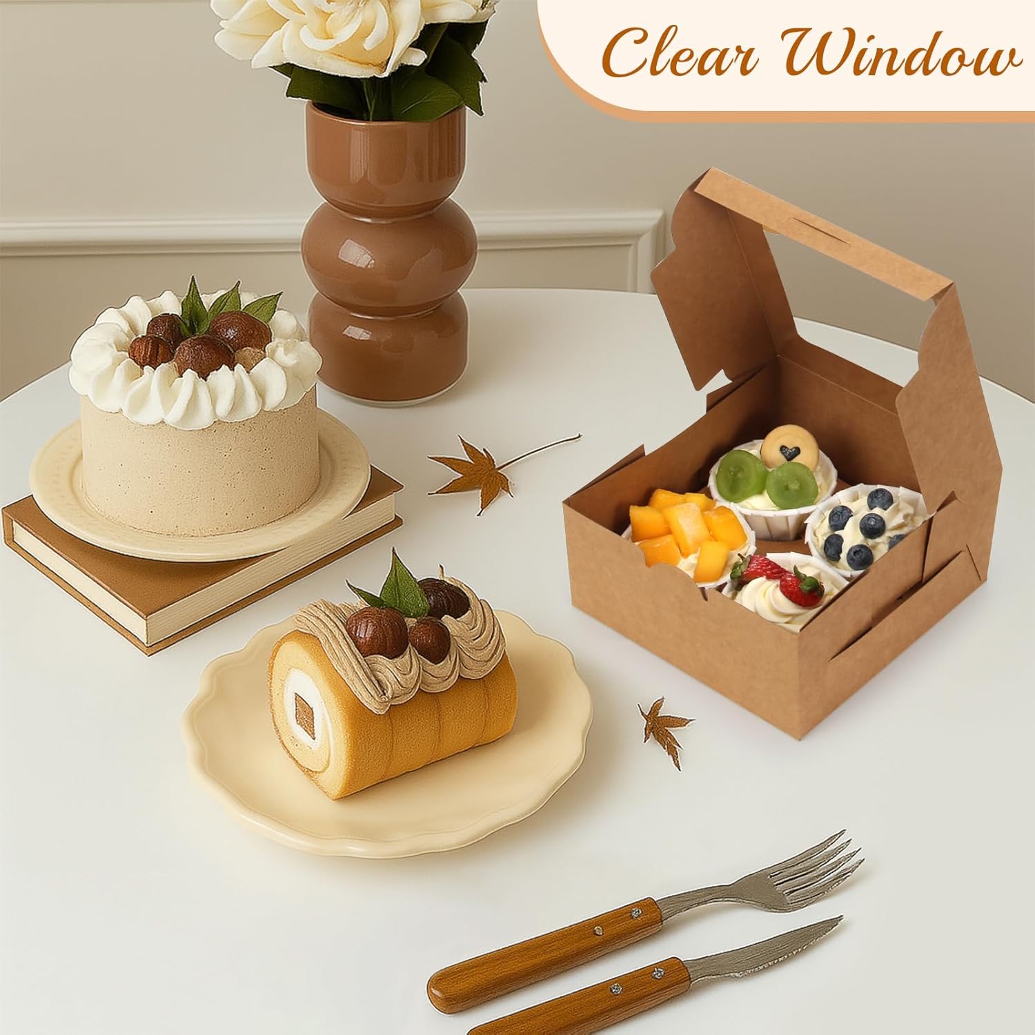 OAMCEG (オームセグ) クッキーボックス 窓付き 50個パック 6x6x3インチ ブラウン ベーカリー おやつ箱 ステッカー&