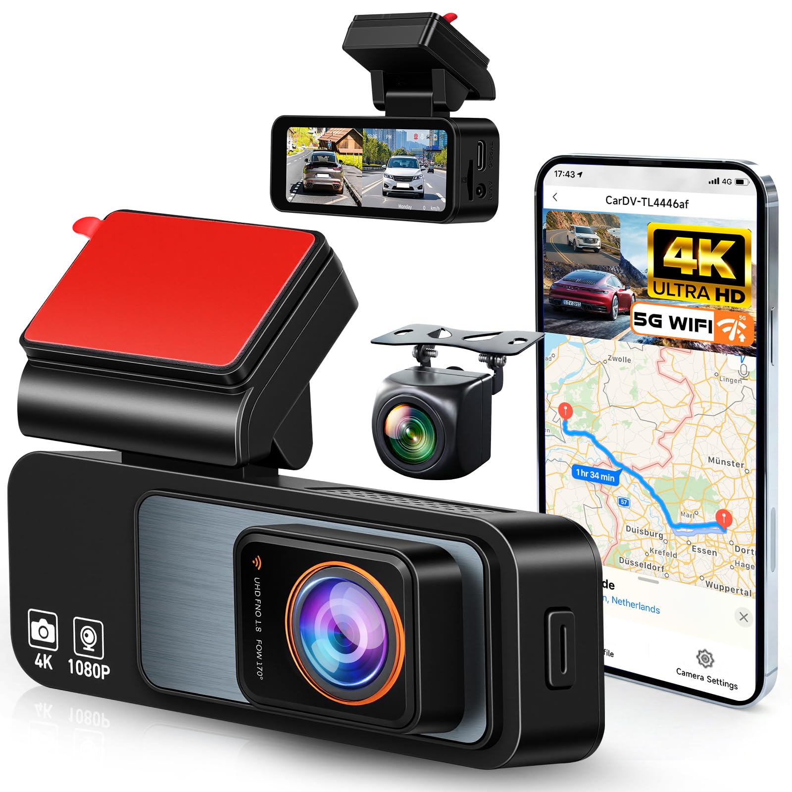VECHTEL Kamera samochodowa 4K Wi-Fi z aplikacją 1080p, kamera samochodowa, ekran IPS 3,16", kamera na deskę rozdzielczą z ultra noktowizorem, karta 64 GB, monitorowanie parkowania 24 h, czujnik G