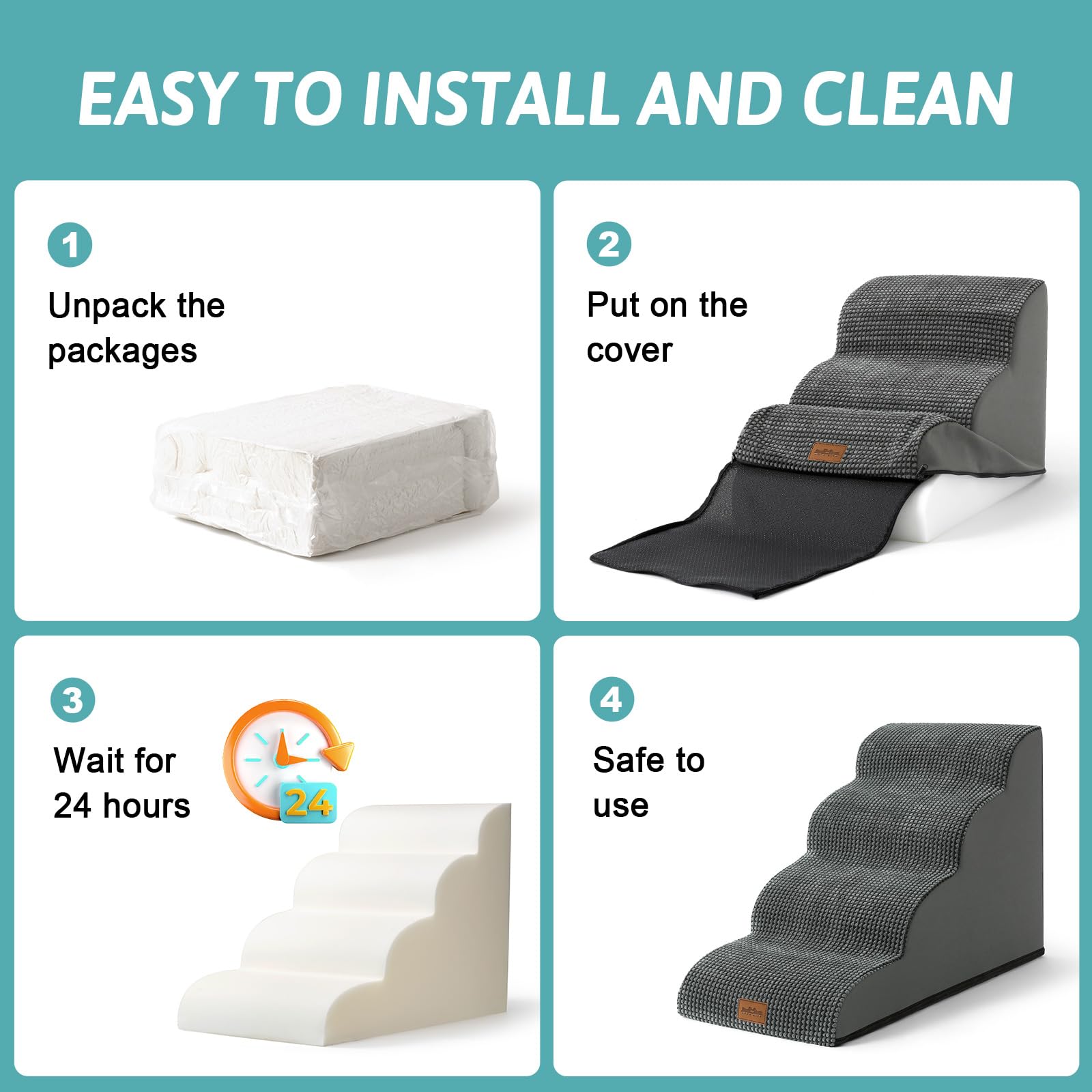 COZY KISS Scale per Cani di Piccola, Scale per Animali per Letto, Divano e Sedia, Rampa per Gatti con Rivestimento Lavabile e Fondo Antiscivolo, Leggera, 40x84x57cm, 5 Gradini, Grigio Scuro