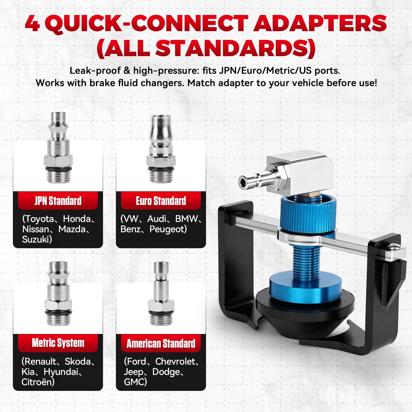 Adaptador universal para purga de frenos de 22 – 58 mm, adaptador con 4 acoplamientos rápidos (EU/US/métrico/japonés), anillo de sellado de goma para Buick, Cadillac, Chevrolet, Mazda, Honda, Toyota