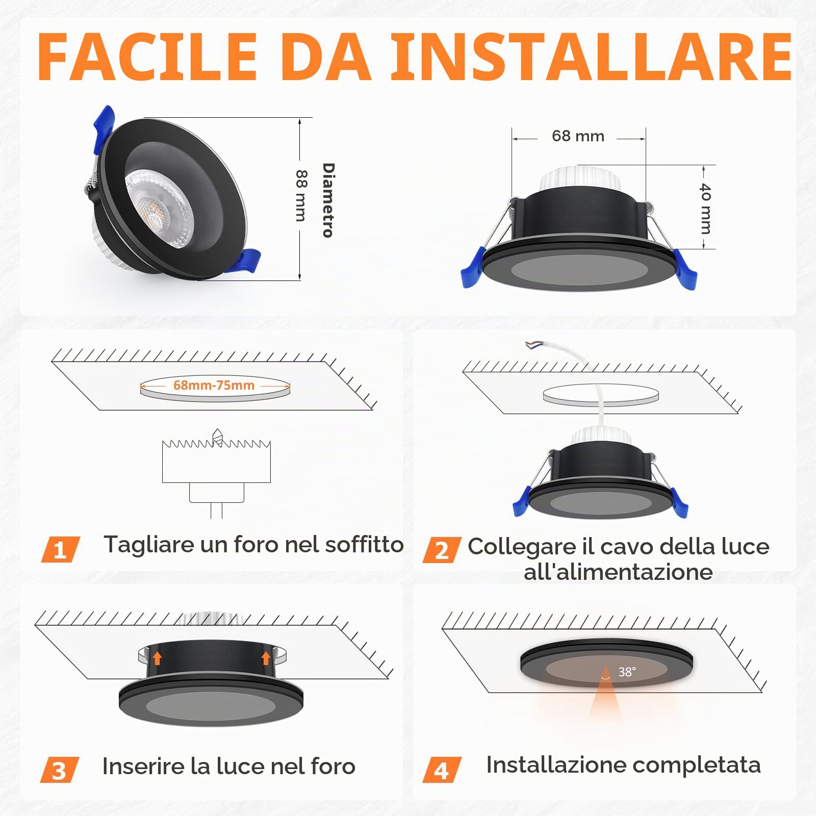 Faretti LED da Incasso per Cartongesso 230V 3000K IP65 68-75mm 6PCS Nero | KYOTECH 5W 500LM Fari Incassati con Sorgente Luminosa Sostituibile Bianca Calda per Bagno Cucina e Soggiorno