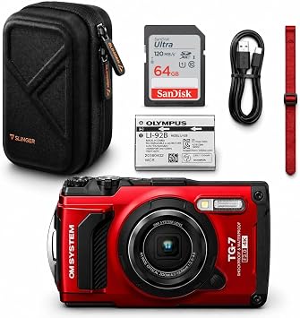 OM System Tough TG-7 Waterproof Camera Bundle with 64GB Card | Includes 64GB U3 SD card, Slinger hardshell case, battery, USB-C cable and wrist strap for adventure-ready shooting