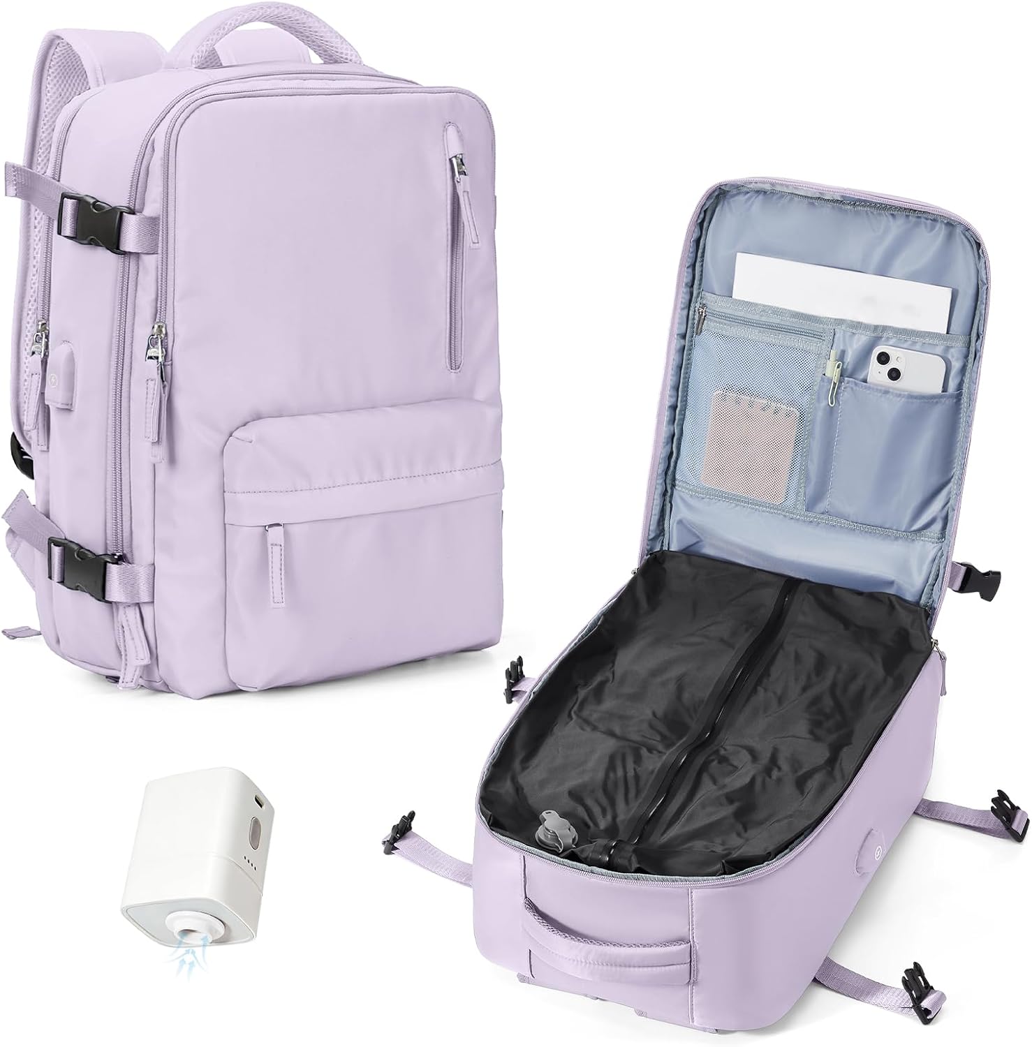 WONHOX Vacuum Seal Backpack for Travel with Air Pump Compression Daypack Personal Item Carry on Flight Approved Vacpack Laptop Space Saver Bags Storage with Vacuum System Travel Bag Women Men Purple