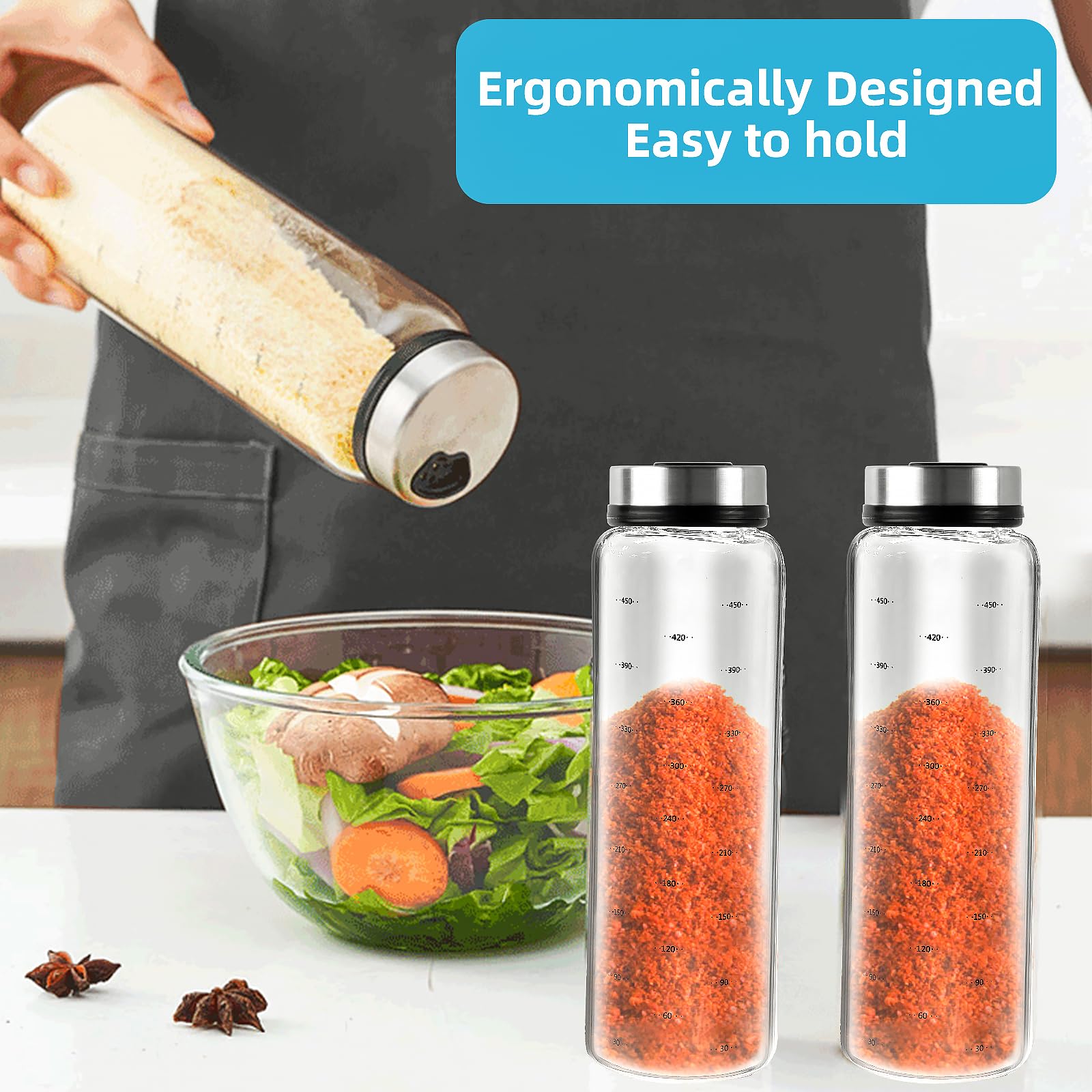 Lot De 2 Pots à Épices En Verre Borosilicate 300 Ml – Couvercle Rotatif Inox, Étanche Et Gradué Pour Cuisine & Barbecue