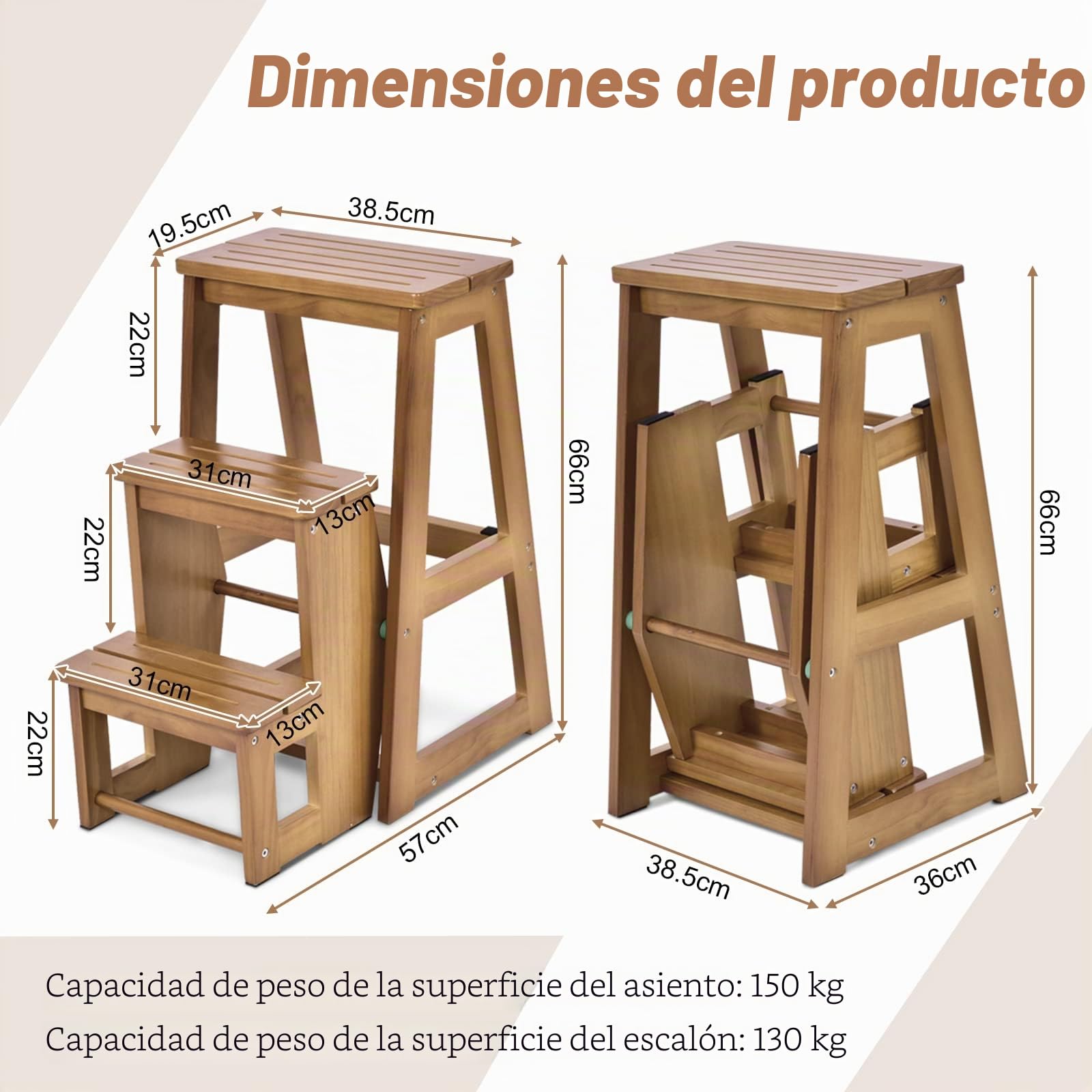 GIANTEX Taburete Escalera Plegable de Madera con 3 Peldaños, 57 x 38,5 x 66 cm, Escalera Silla Plegable Multifuncional para Ahorrar Espacio, Escalón para Baño, Cocina (Marrón Claro)