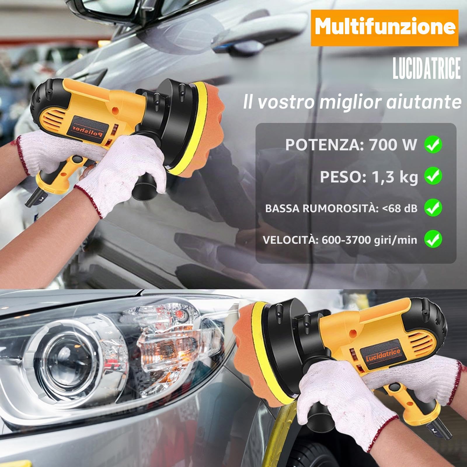 Lucidatrice per auto da 700W, set di 31 lucidatrici eccentriche, lucidatrice orbitale per auto da 13 cm con 3 velocità variabili, per detailing auto, lucidatura, ceratura, rimozione graffi da vernice