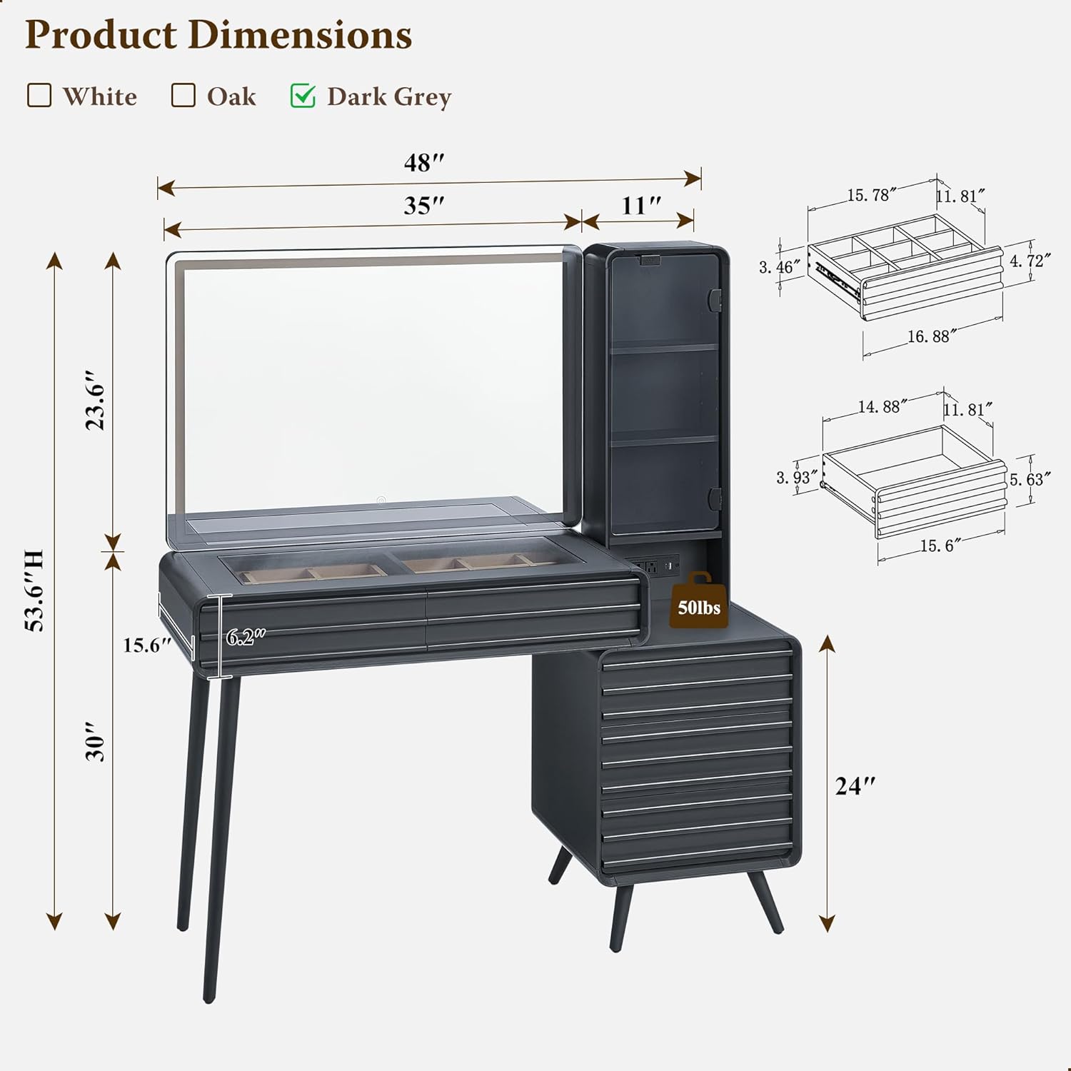 Fluted Makeup Vanity Desk with Large 35" HD Lighted Mirror, 48" Mid Century Modern Glass Top Vanity Table with 5 Drawers & Adjustable Shelf, Dressing Table w/Charging Station for Bedroom, Dark Grey