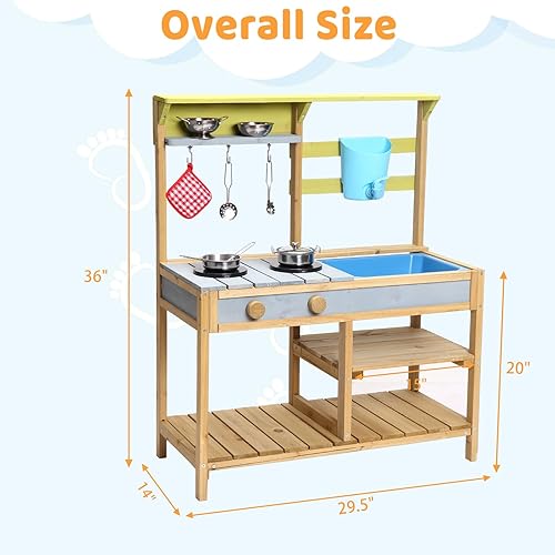 Miniatura 5 de GarveeLife Cocina de juego de madera, cocina de barro para niños al aire libre con estufa, perilla giratoria, caja de agua y grifo fregadero