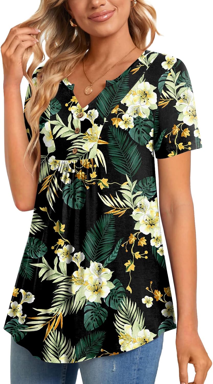 CATHY Womens Short Sleeve Tunic Tops Henley Shirt V Neck Button Up Blouse Casual Pleated Basic Pullover - Image 3