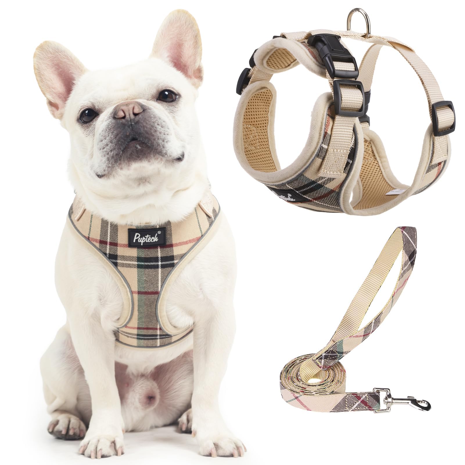 PUPTECK Soft Mesh Dog Harness and Leash Set Pet Puppy Cat Adjustable Reflective Padded Vest No Pull Harnesses, Beige, M