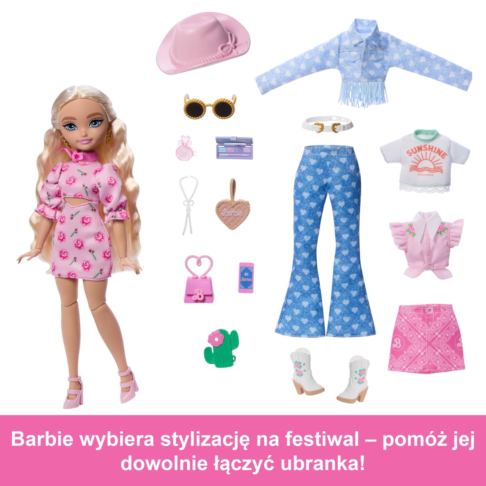 Barbie Dream Besties Festiwalowe stylizacje Zestaw modowy do zabawy: lalka Barbie „Malibu” z długimi blond włosami i ponad 10 akcesoriów, w tym zdejmowane ubranka, zabawka dla dzieci 4+, JGH87
