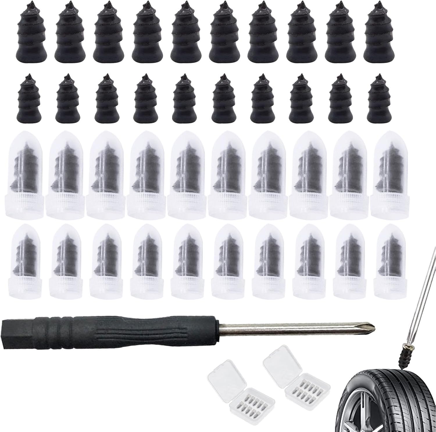 CALIDAKA Tyre Repair Kit, 40PCS Tire Repair Rubber Nails with Screwdriver, Glue Free