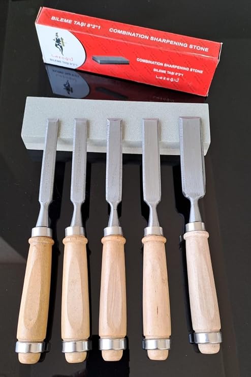 Depolife Wooden Chisel Set 5-Piece Chisel Carving Set and Scythe Stone Set for Knife Mouth Sharpening