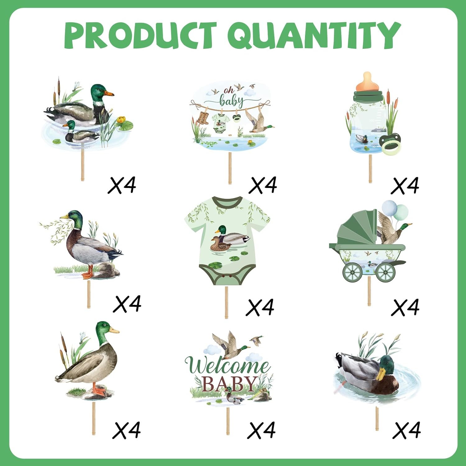 36Pcs Duck Hunting Cupcake Toppers - Mallard Duck Baby Shower Decorations with 6 Pattern Design, Oh Baby Theme Party Cake Topper Decor for Birthday Parties Favor