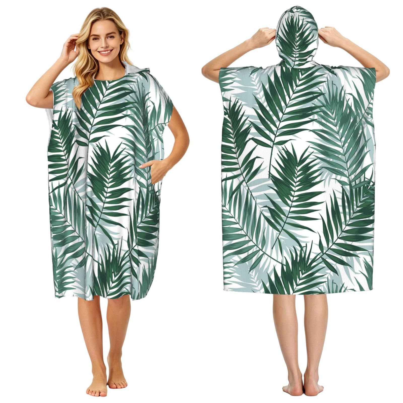 Poadnly Tropical Jungle, Seamless Pattern With Palm Leaves, Adult Hooded Beach Towel 90 x 110 cm,Changing Bath Robe, Surf Poncho Towel For Women Men