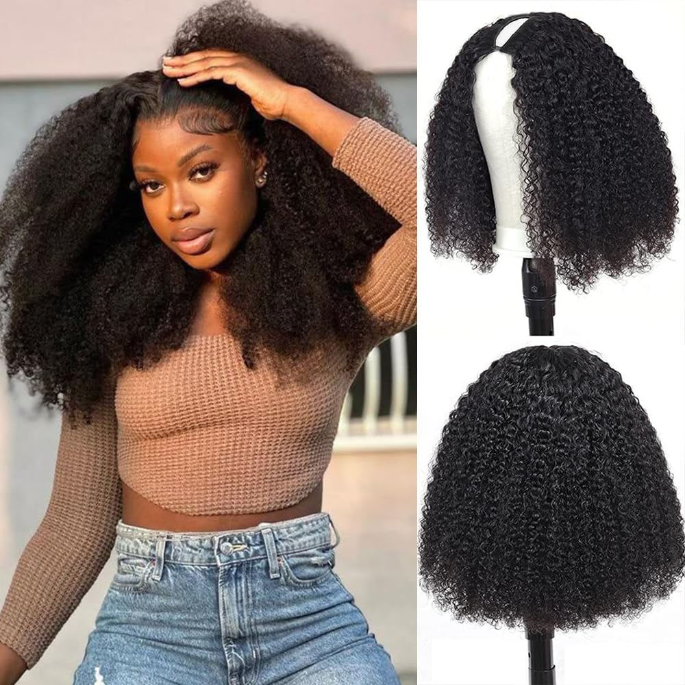 V Part Wigs: Human Hair Afro Kinky Curly Glueless Wig with Drawstring