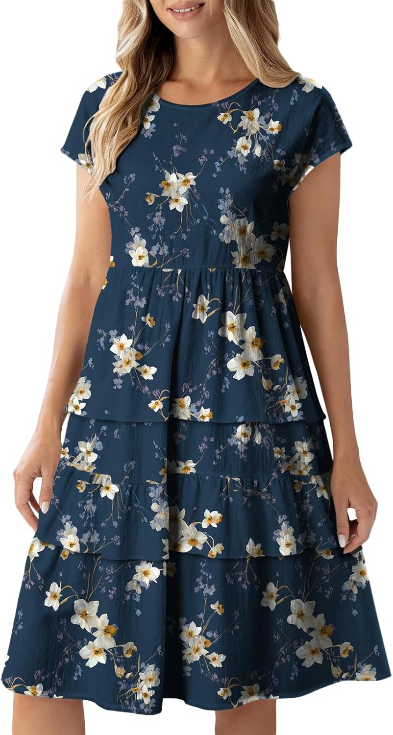 Floral Print Layered Midi Dress for Women Short Sleeve Crew Neck Flowy Loose Fit Spring Casual Dresses